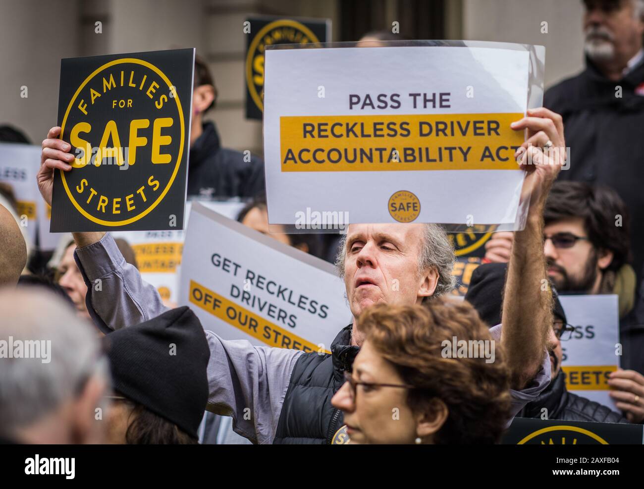 City Council Members together with Families For Safe Streets held a Press Conference at City Hall to vote on The Reckless Drivers Accountability Act. Stock Photo