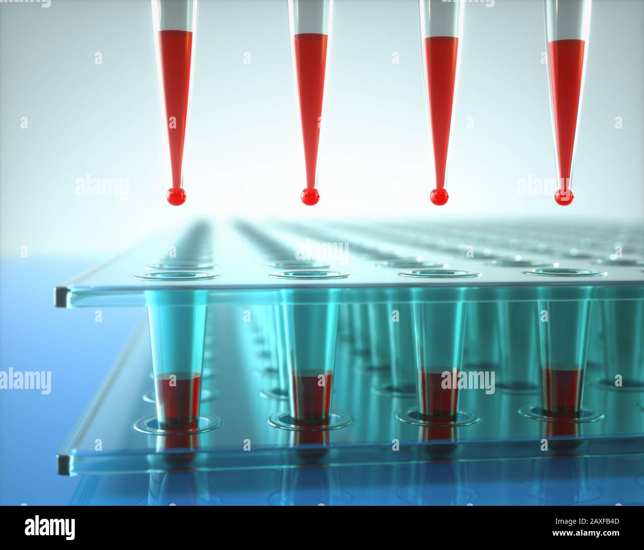 Multichannel pipette and multi well plates used in microbiology lab. 3D illustration. Stock Photo
