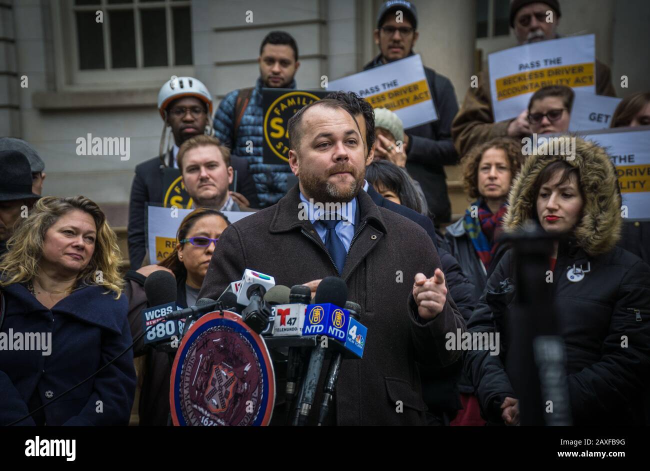 City Council Members together with Families For Safe Streets held a Press Conference at City Hall to vote on The Reckless Drivers Accountability Act. Stock Photo