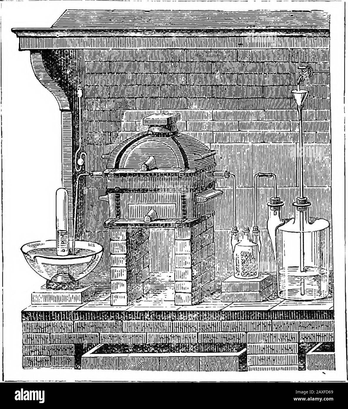 Scientific amusements . disengaged a gaswhich was a constituent of |water. This gas was subse-quently found to be inflam-mable, but it is to Cavendishthat the real explanation of Ihydrogen is owing. He ex-plained his views in 1766. Hydrogen is obtained in themanner illustrated in the cut,by means of a furnace, as onpage 70, or by the bottlemethod, as per page 71. The Ifirst method is less convenientthan the second. A gun-barrel or fire-proof tube is passed through the furnace, andfilled with iron nails or filings ; a delivery tube is at the 1 1 F^^ Kwi^fti 11 |B W»m ^^^^ S^^H^^siw!^^M JISiJM ^ Stock Photo