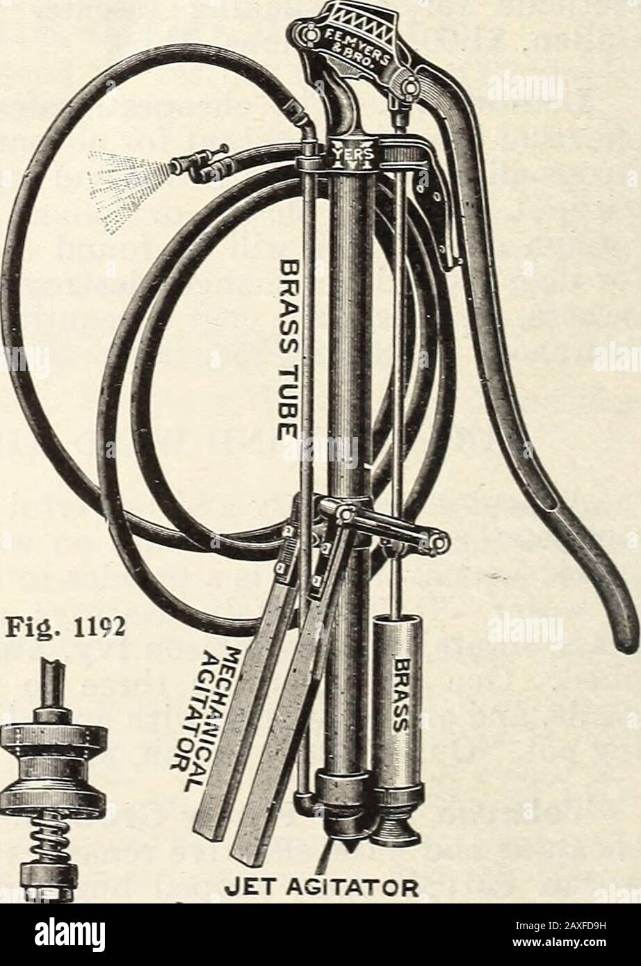 Mann's descriptive catalgoue : 1914 guide for the farm and garden . Myers Imperial BrassSpray Pumps This Spray Pump is constructed entirely of brass, a material thatis not affected by the poisonous arsenites used in different formulae forspraying fruit trees, vines and shrubbery. It is so arranged that thelabor of pumping is all done on the downward stroke of the piston andnothing on the up. The effect of this operation while pumping is to holdthe pump down. The foot rest steadies the pump, holding it in theproper position. No. 327£, Fig. 639. j Price, with 3-ft. Rubber Hose S3.50 Price, with Stock Photo