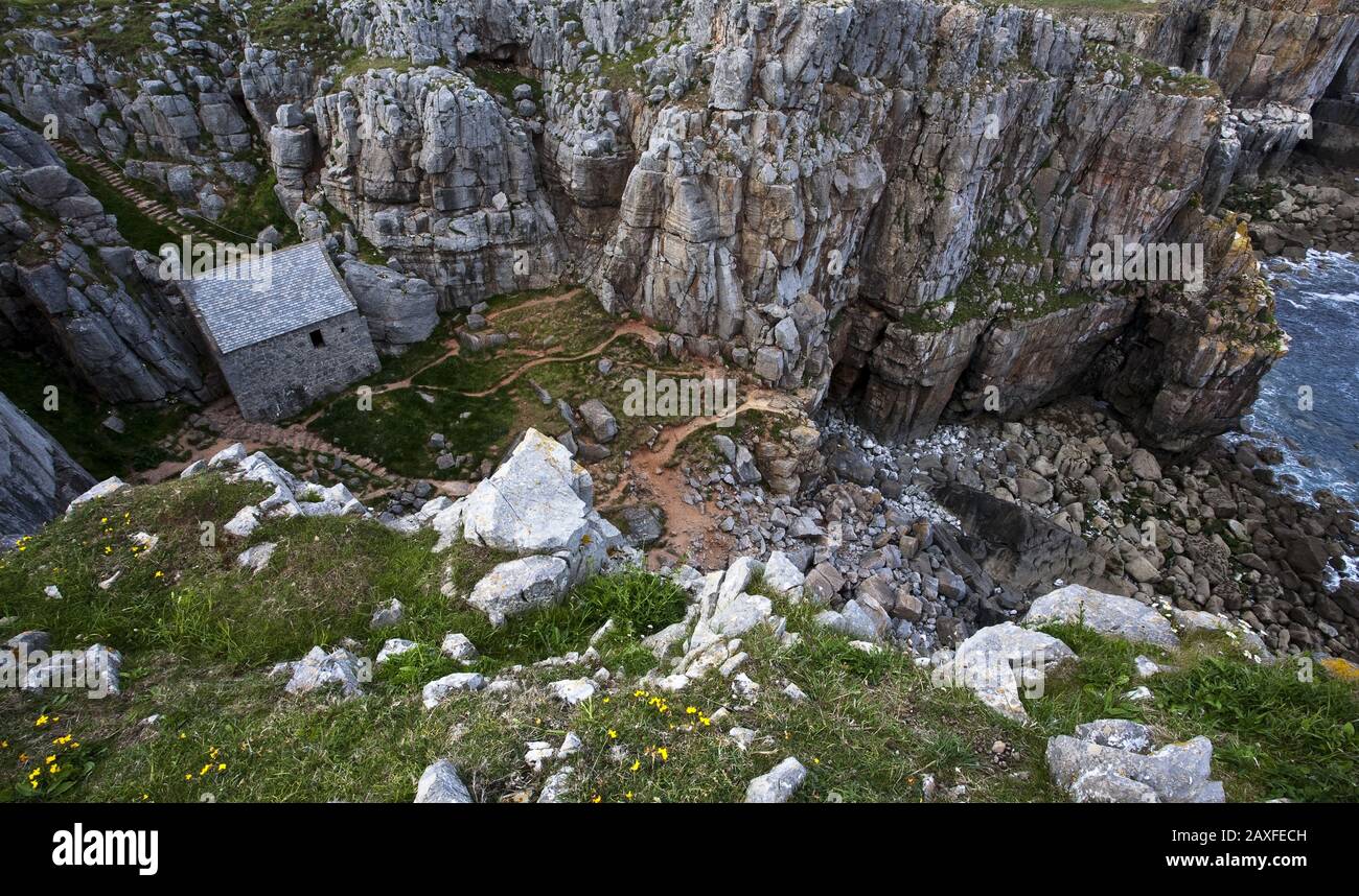 Aerial shot of st govan's chapel (tiny church) built on the cliff Stock ...