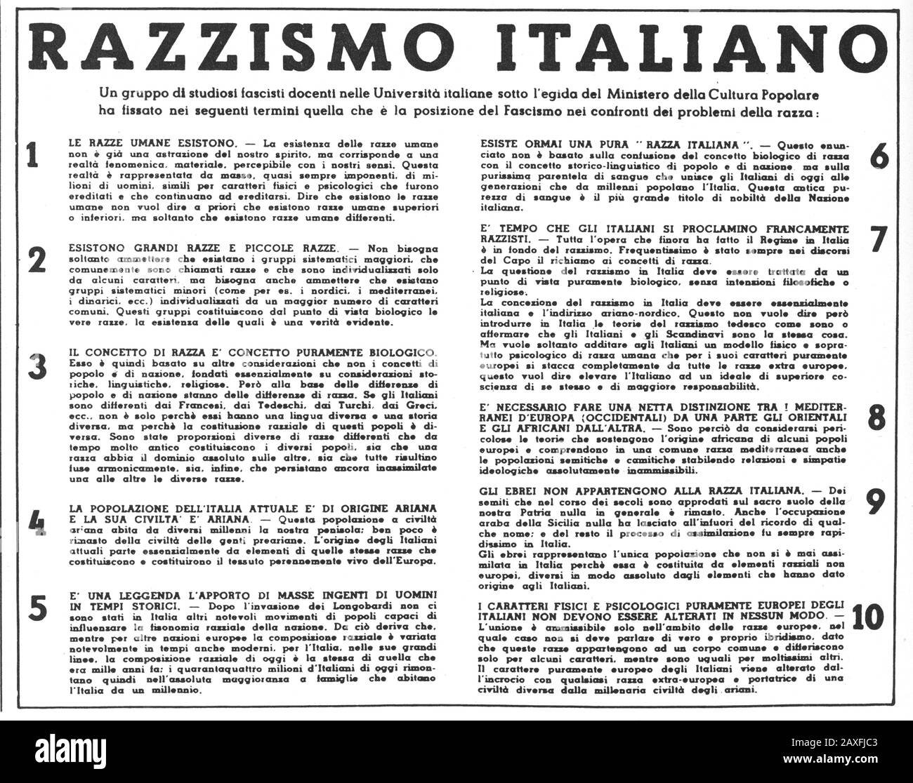 1938 , ITALY : Italian Fascist  PROPAGANDA for the rules of racial hatred against 48.000 Jews living in Italy , issued November 17, 1938 with the ' Provisions for the defense of the Italian race ' that turns into law the provisions adopted in the work of the Grand Council . In this photo the 10 rules pubblished on magazine ' LA DIFESA DELLA RAZZA ', directed by racist Telesio Interlandi in the first issue 5 august 1938 , signed by a large group of italian University professors and scientists - LEGGI RAZIALI - ANTISEMITE - ANTISEMITISMO - ANTISEMITA - GRAN CONSIGLIO - PROVVEDIMENTI PER LA DIFES Stock Photo