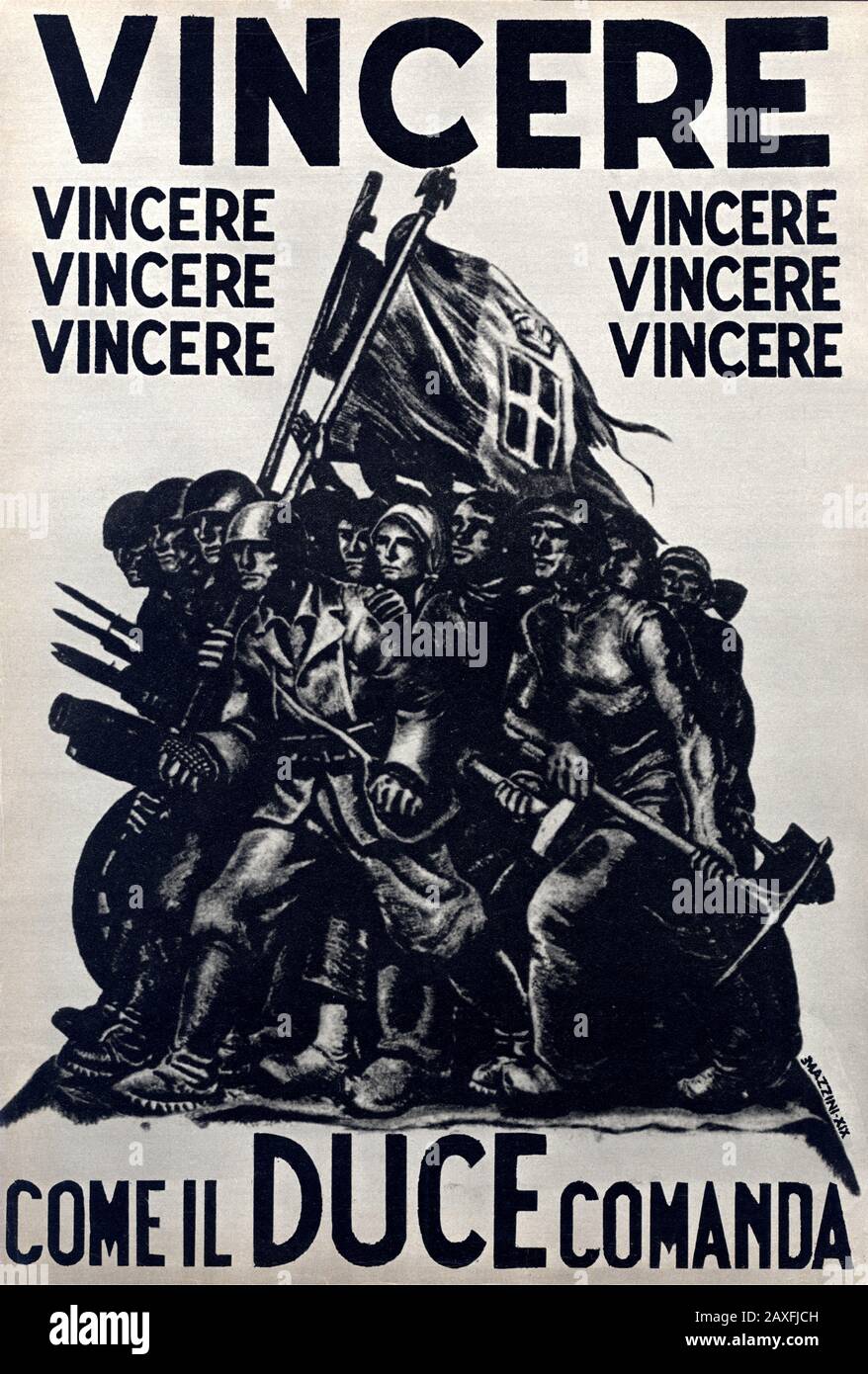 1941 , ITALY : Fascist poster PROPAGANDA : VINCERE COME IL DUCE COMANDA ( Win like the Duce command ). Artwork by E. Mazzini  - FASCISMO - FASCISTA - FASCISM - ANNI QUARANTA - AUTARCHIA - AUTARCHICO - BANDIERA TRICOLORE ITALIANA - ITALIA  - 40's - '40  - BLACK SHIRT - CAMICIA NERA - FOTO STORICHE - HISTORY PHOTOS - STOCK  - ITALY - ITALIA - XX CENTURY - NOVECENTO - SECONDA GUERRA MONDIALE - 2nd WW II   © Archivio GBB / Stock Photo
