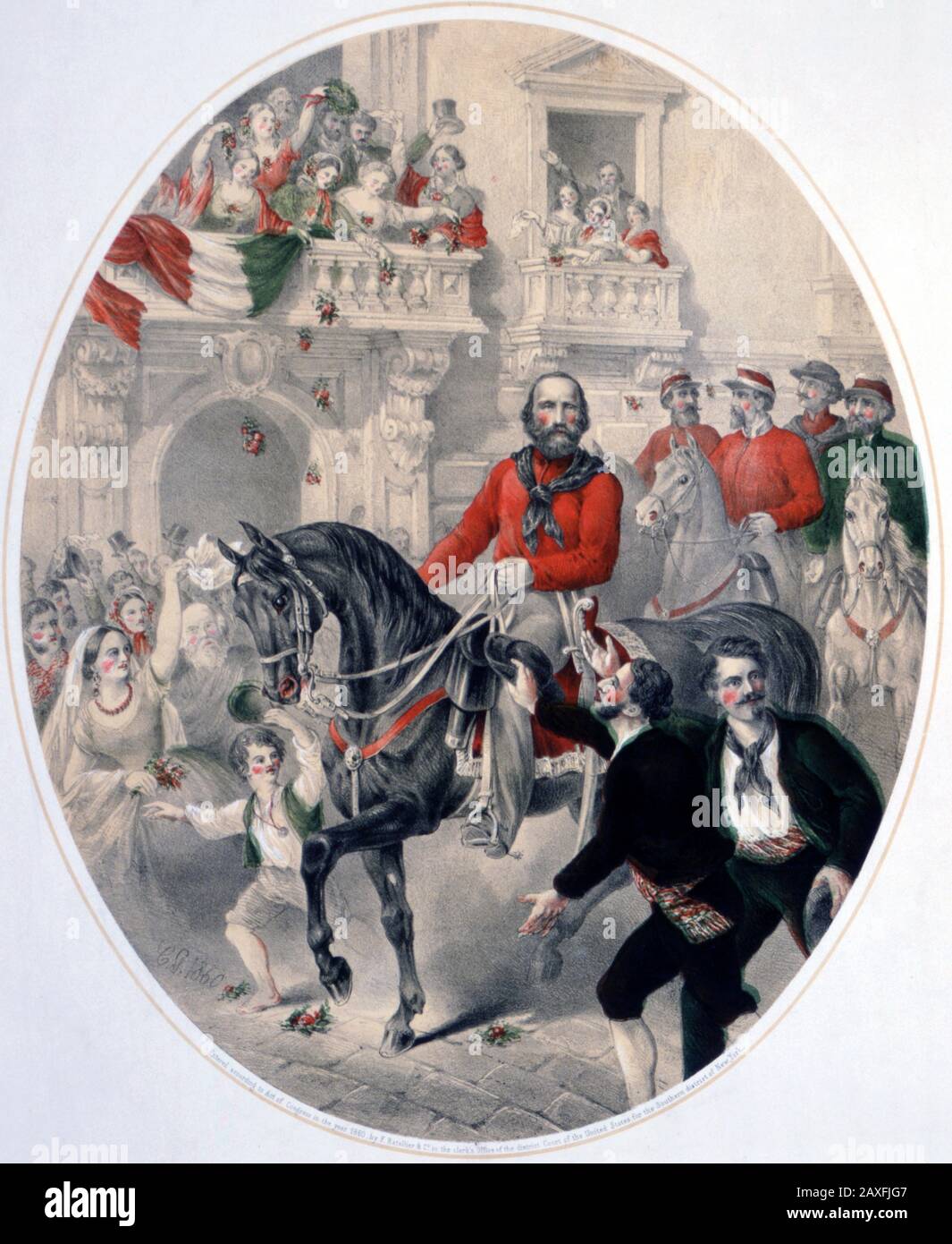 1860 : The italian politician GIUSEPPE GARIBALDI ( Nizza 1807 - Caprera 1882 ) enter in NAPOLI , Italy . Engraving by Ratellier and George Ward Nichols publishing , New York , USA - POLITICO - POLITICA - POLITIC  - Unita' d' ITALIA - Risorgimento  - foto storiche - foto storica - HISTORY - incisione - portrait - ritratto - beard - barba - Naples  - horse - cavallo - ingresso trionfale © Archivio GBB / Agenzia Stock Photo