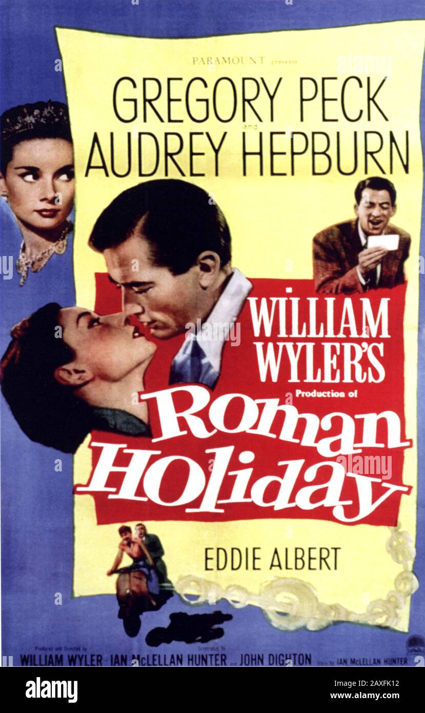 1953 , USA : The movie actress AUDREY HEPBURN in ROMAN HOLIDAY ( Vacanze romane ) by William Wyler , from a story by Dalton Trumbo , with GREGORY PECK - COMEDY -  FILM  - DIVA - DIVINA - bacio - kiss - poster cinematografico - locandina - VESPA PIAGGIO © Archivio GBB / Stock Photo