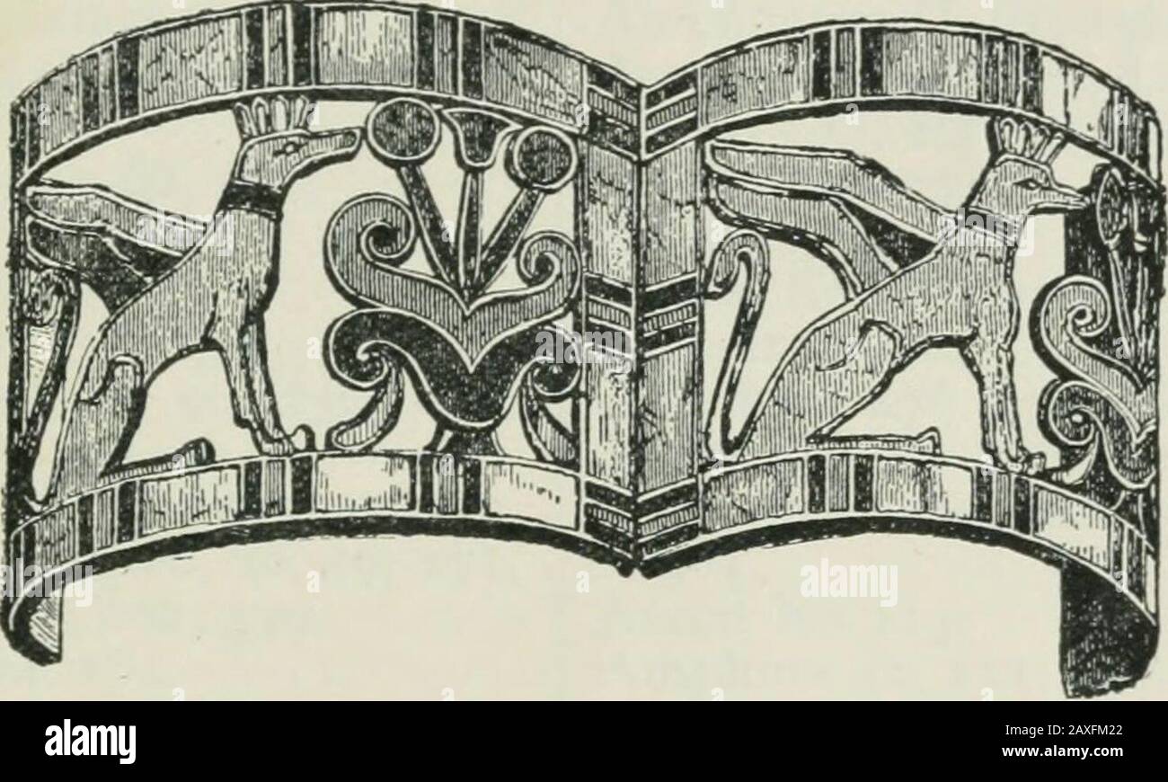Manual of Egyptian archæology and guide to the study of antiquities in EgyptFor the use of students and travellers . arged and deformed. Theywere found attached to the wig on the head of themummy. The bracelets of the high-priest Pinotem III.,found on the arms of the mummy, are mere circlesof gold rounded and encrusted with coloured glassand carnelian, similar to those still made by theSudanese blacks. The settlement of Greeks inEgypt only very gradually modified the style ofEgyptian gold work, although eventually Greek typeswere substituted for native art. The gold jewels DECADENCE OF JEWELLE Stock Photo