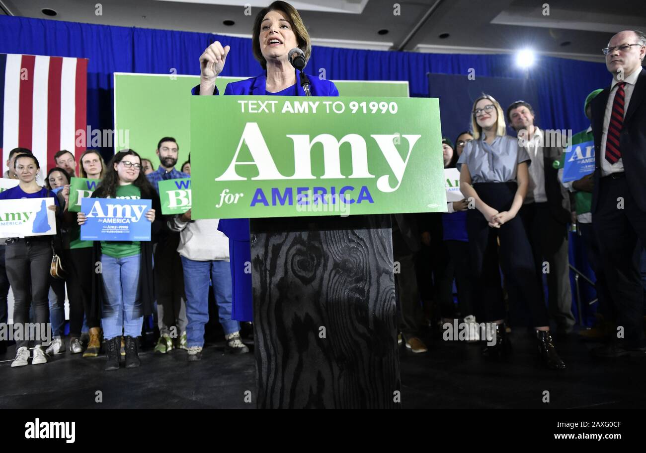 Concord, United States. 11th Feb, 2020. Democratic presidential candidate for 2020 and Minnesota Sen. Amy Klobuchar speaks to supporters during a New Hampshire 2020 presidential primary night event at the Grappone Center in Concord, New Hampshire on Tuesday, February 11, 2020. Klobuchar appeared to be on the way to a third place finish in the first in the nation presidential primary. Photo by Joshua Reynolds/UPI Credit: UPI/Alamy Live News Stock Photo