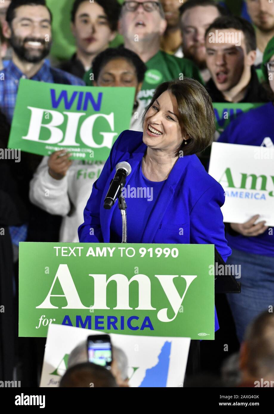 Concord, United States. 11th Feb, 2020. Democratic presidential candidate for 2020 and Minnesota Sen. Amy Klobuchar greets the crowd during a New Hampshire 2020 presidential primary night event at the Grappone Center in Concord, New Hampshire on Tuesday, February 11, 2020. Klobuchar appeared to be on the way to a third place finish in the first in the nation presidential primary. Photo by Joshua Reynolds/UPI Credit: UPI/Alamy Live News Stock Photo