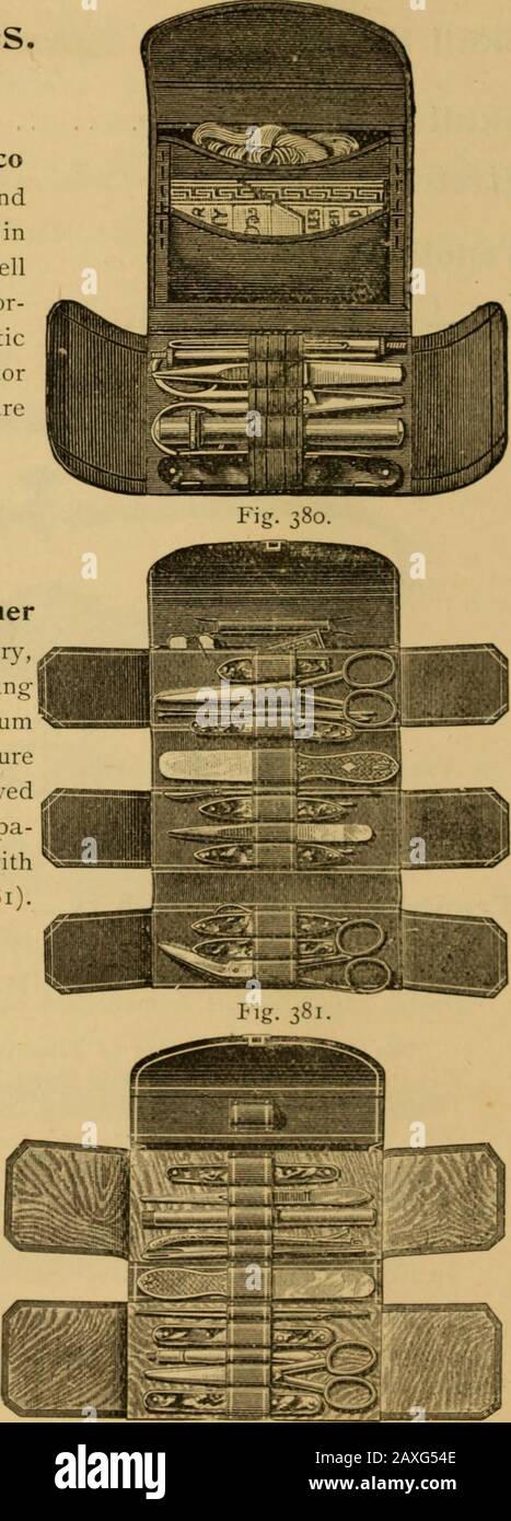 Catalogue of surgeons instruments and medical appliancesElectro-therapeutic apparatusSundries for the surgery and sick-room, medicine chests, etc . ons & Co., Ltd., Manchester. Section VII. Pocket Dressing Instruments. Pocket Cases.Pocket Case— No. i Set, in moroccocase, containing—Scalpel andSymes Abscess Lancet inFrench lockback tortoiseshellhandle, Spring Dressing For-ceps, Scissors, Silver CausticCase, Combined Probe, Directorand Exploring Needle, SutureNeedles and Silk (Fig. 380).£1 10 0 Pocket Case— No. 2 Set, in leathercase, containing Bistoury,Director and Probes, DressingForceps, Absc Stock Photo