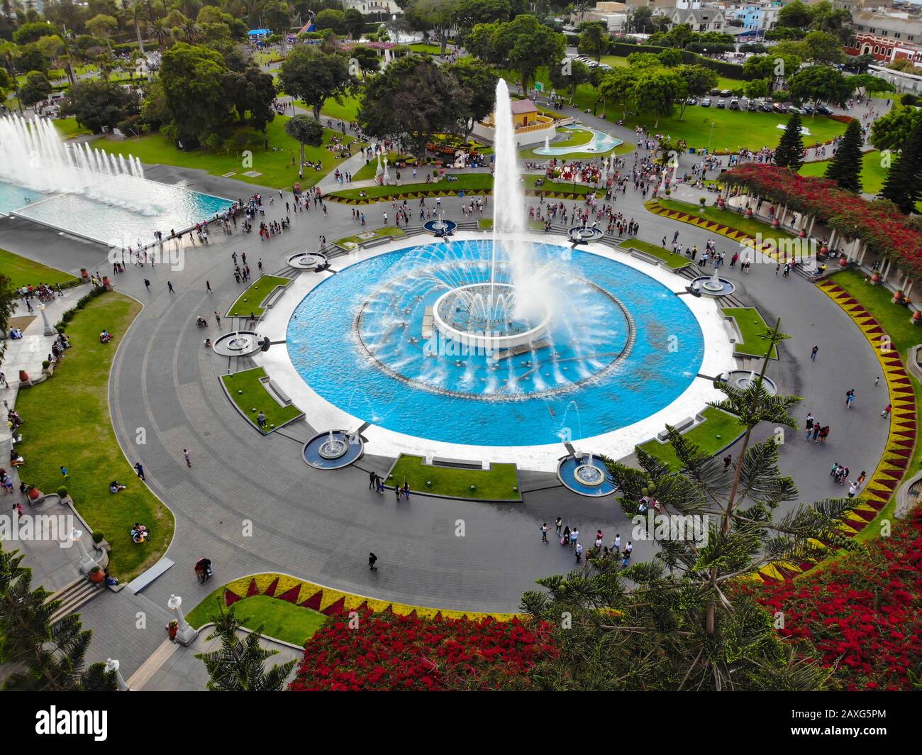 Sky view Magic water circuit at the Park of the Reserve (world's biggest fountain complex) in Lima, Peru Stock Photo