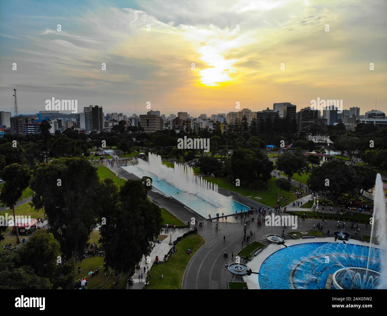 Sky view Magic water circuit at the Park of the Reserve (world's biggest fountain complex) in Lima, Peru Stock Photo