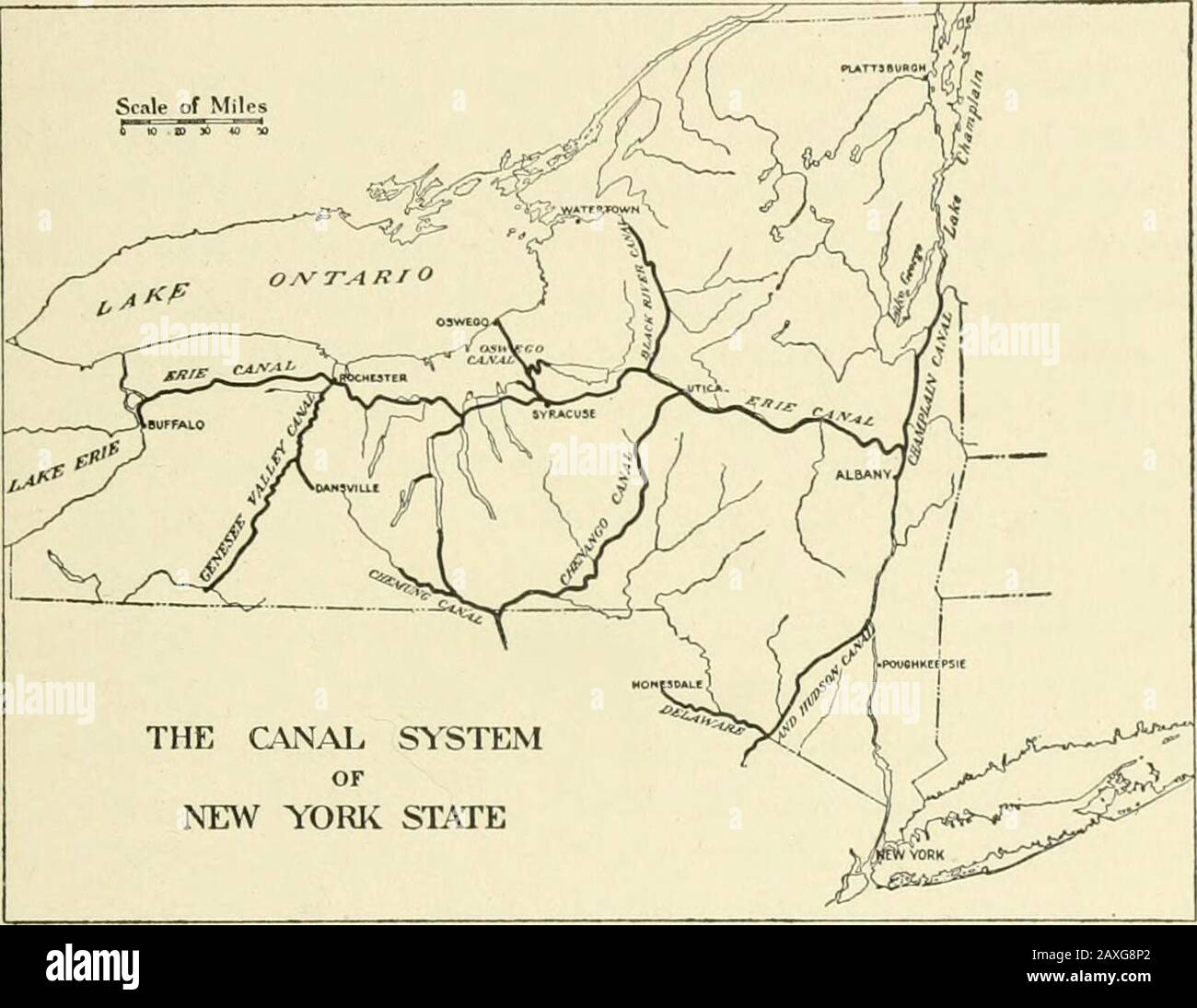 New York's part in history . her canal system. The following were the principal canals of the state: theErie connecting Lake Erie with the Hudson at Albany; theChamplain connecting Lake Champlain at Whitehall with theErie Canal near Cohoes; the Chenango Canal extendingthrough the Chenango Valley from Utica to Binghamton toreach the Pennsylvania coal fields; the Delaware and HudsonCanal connecting the Hudson River at Kingston with theDelaware River at Port Jervis and from there tapping thecoal fields in northern Pennsylvania; the Oswego Canal con-necting Lake Ontario at Oswego with the Erie Can Stock Photo