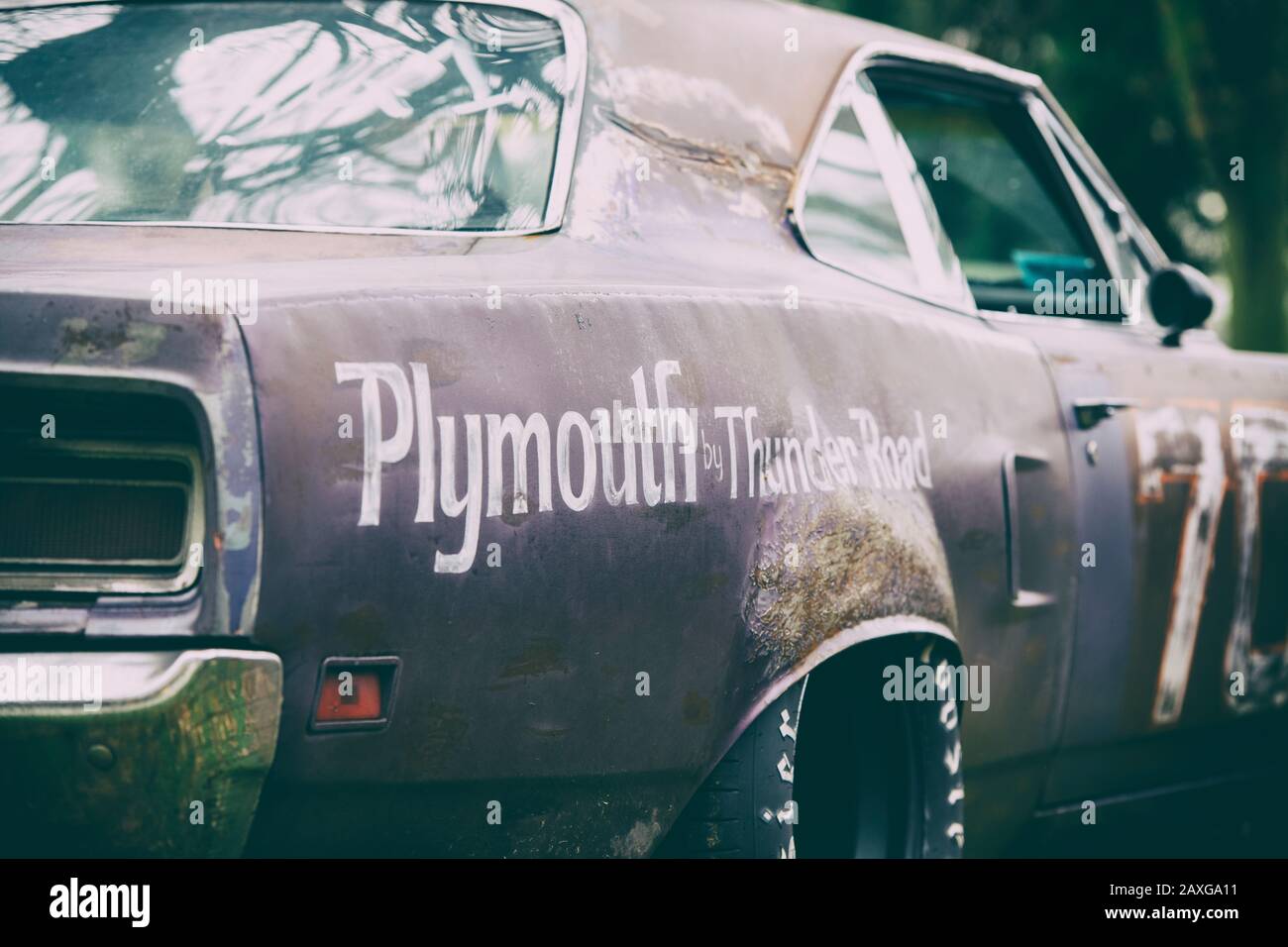 1970 Plymouth muscle car at Bicester heritage centre sunday scramble event. Bicester, Oxfordshire, England. Vintage filter applied Stock Photo