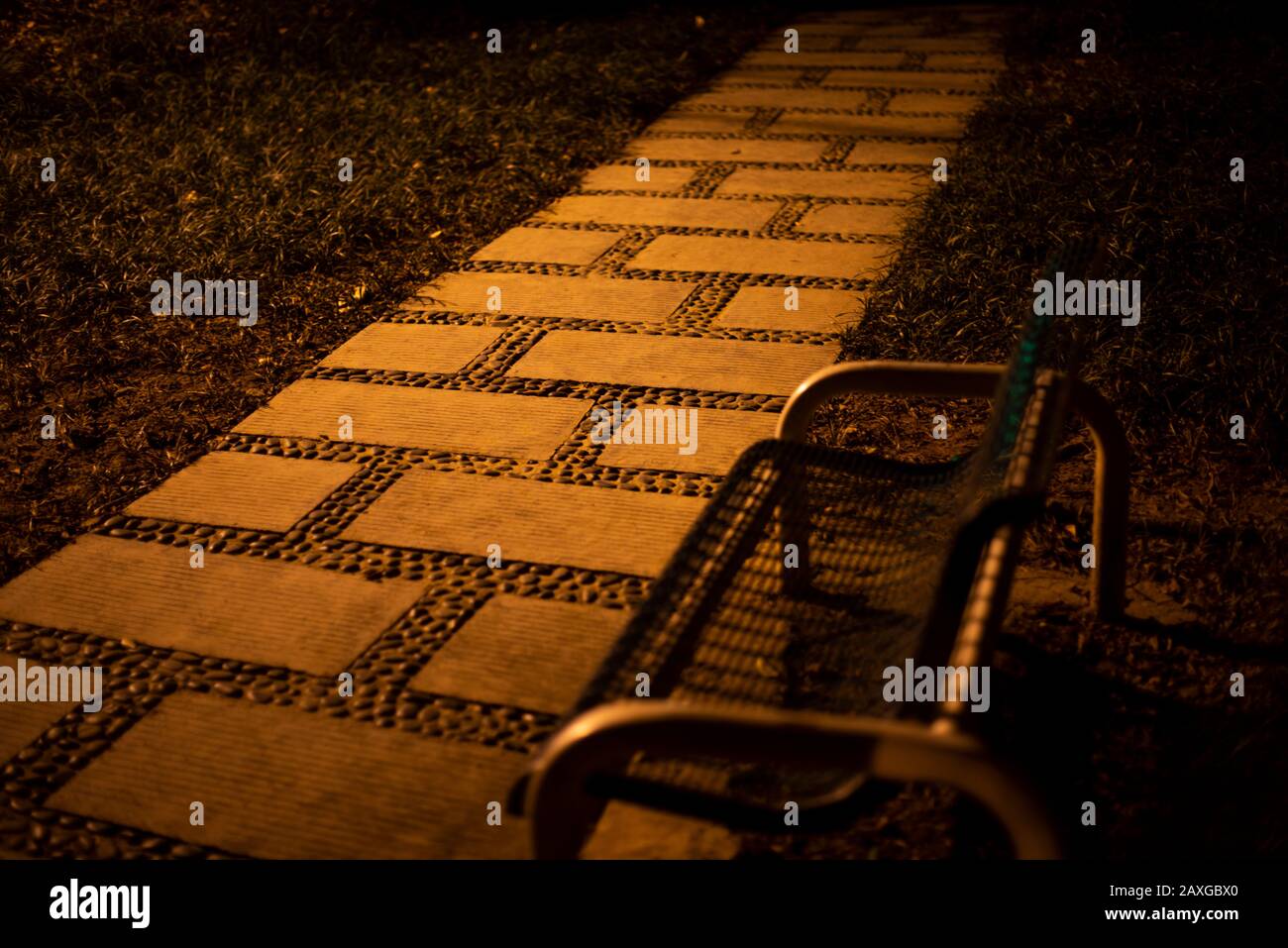 Bench under street lamp in night park Stock Photo Alamy