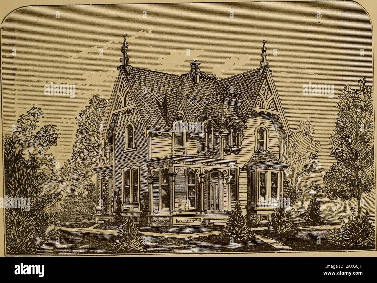 Hobbs's architecture: containing designs and ground plans for villas, cottages and other edifices, both suburban and rural, adapted to the United StatesWith rules for criticism, and introduction . fbuildings. We send throughout the North, South,East and West, perhaps twenty similar designed build-ings in a year, of this type, varied in their evolutionsto suit different grounds and surroundings ; also dif-ferent plans, the number of rooms, closets, etc., aremade to suit circumstances ; also changes for differentkinds of materials to be used in the construction, someof wood, as the above, others Stock Photo