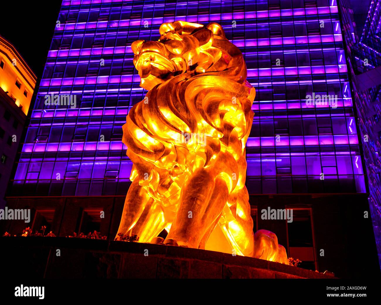 Golden lion statue at night Stock Photo Alamy