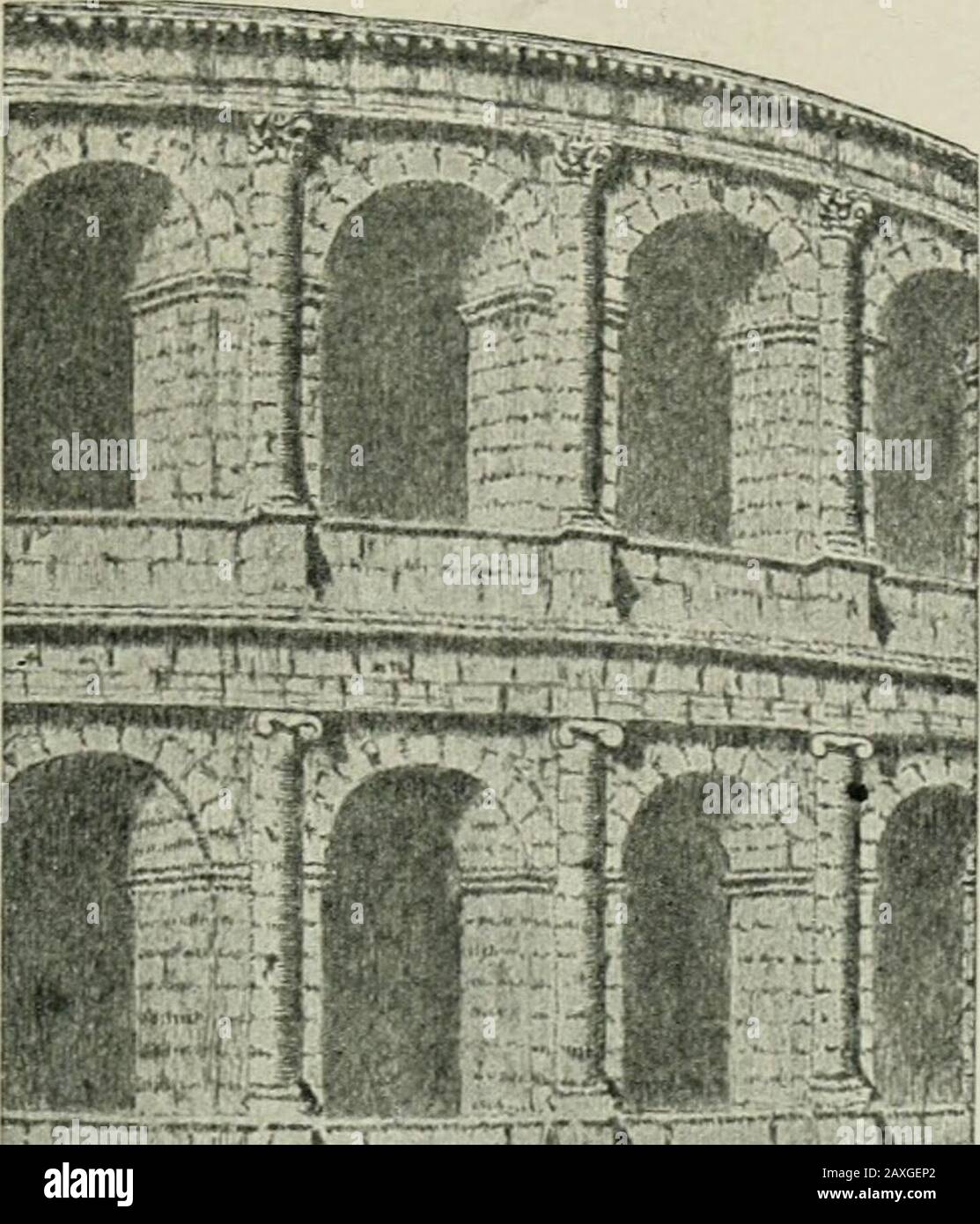 Life in the Roman world of Nero and StPaul . Fig. 24. — Exterior of Theatre of Marcellus. (Present state.) where sycamores form avenues and fountains play,while statues of finished workmanship stand wherethey produce the best effect. Particularly grateful tothe Roman lounger were the seats in the large semi- ROiME: THE IMPERIAL CITY 125 circular bays, so placed as to offer full protection fromtoo hot a sun or too cold a wind.. E2SSS2^S22 Stock Photo