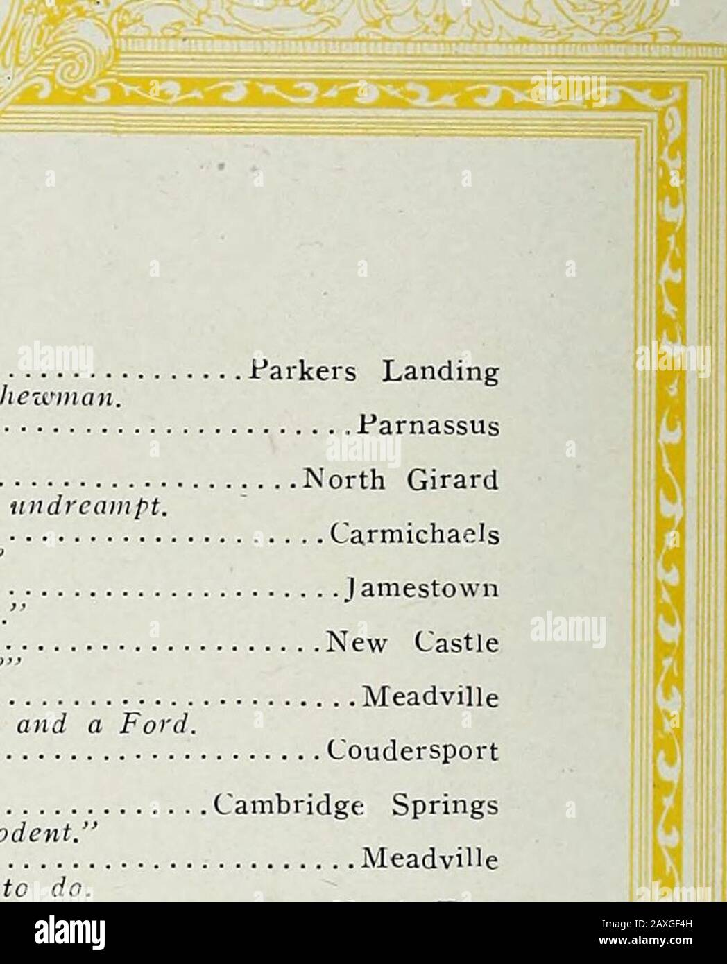 The Kaldron . I 1i W pi S. Class Stall ALLGOOD, SAKAH VENETTA Parkers Landing She likes all merchants but especially Shcwman ALTER, SAMUEL ASHE . Parnassus The Man About Town! ANDREWS, GLEN FAIRMAN North Girard As unobtrusive as the shadow of a dream undreampt. BAILEY, WALTER LEWIS Carmichaels Does he belong to their circus? BALDWIN, ELLIS KENNEDY Jamestown The Man Who Would be King. BARNES, SYLVIA MARGARET New Castle Who is Sylvia? What is she? BEEDY, MARY JANET Meadville A dangerous combination—a red-headed girl and a Ford. BERLIN, LEONORE ADELINE Coudersport Wyhere will we parker? BERRY, VI Stock Photo