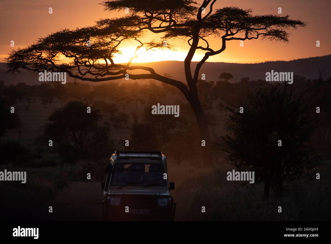Sunset with safari vehicle. Heading back to camp after a long day out. Serengeti National Park, Africa. Stock Photo