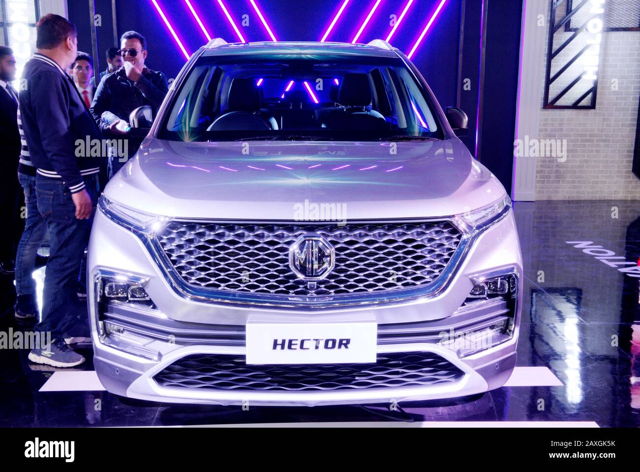 GREATER NOIDA, INDIA – FEBRUARY 7, 2020: Visitors check out the MG Hector car on display at Auto Expo 2020 at Greater Noida in India. Stock Photo
