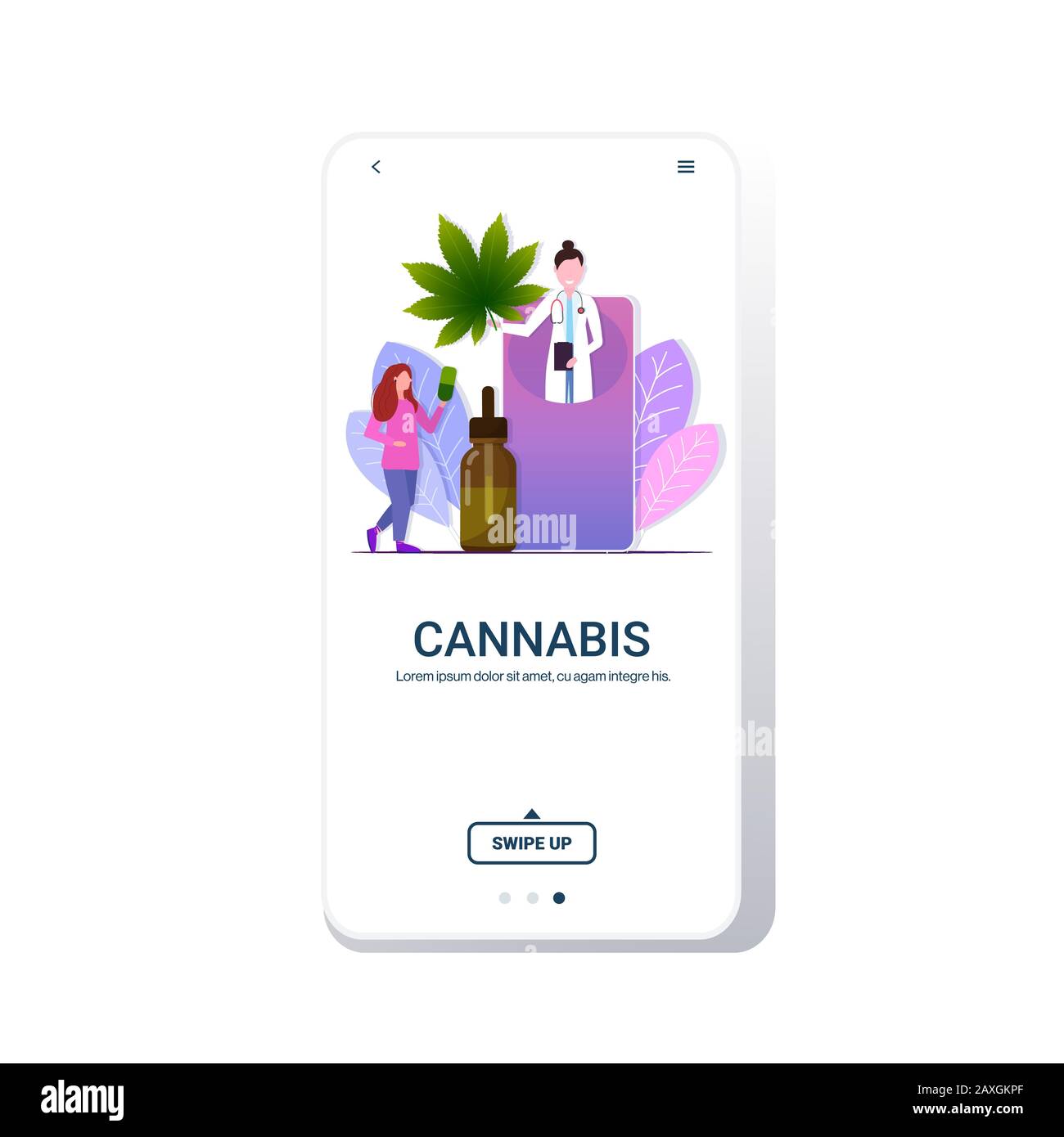 doctor in smartphone screen offering to patient cbd hemp oil extracted from marijuana plant medical cannabis online consultation concept mobile app copy space full length vector illustration Stock Vector