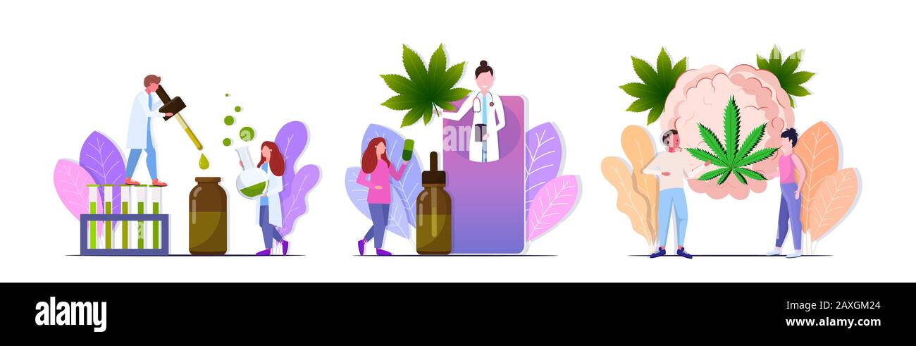 set people testing cbd hemp oil standing near brain with cannabis leaf drug consumption concepts collection flat full length horizontal copy space vector illustration Stock Vector