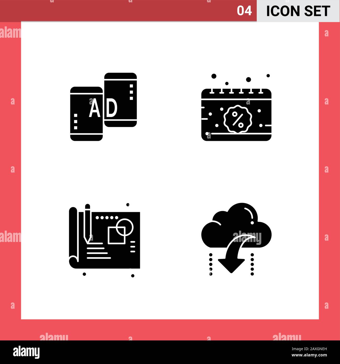 4 Icon Pack Solid Style Glyph Symbols on White Background. Simple Signs