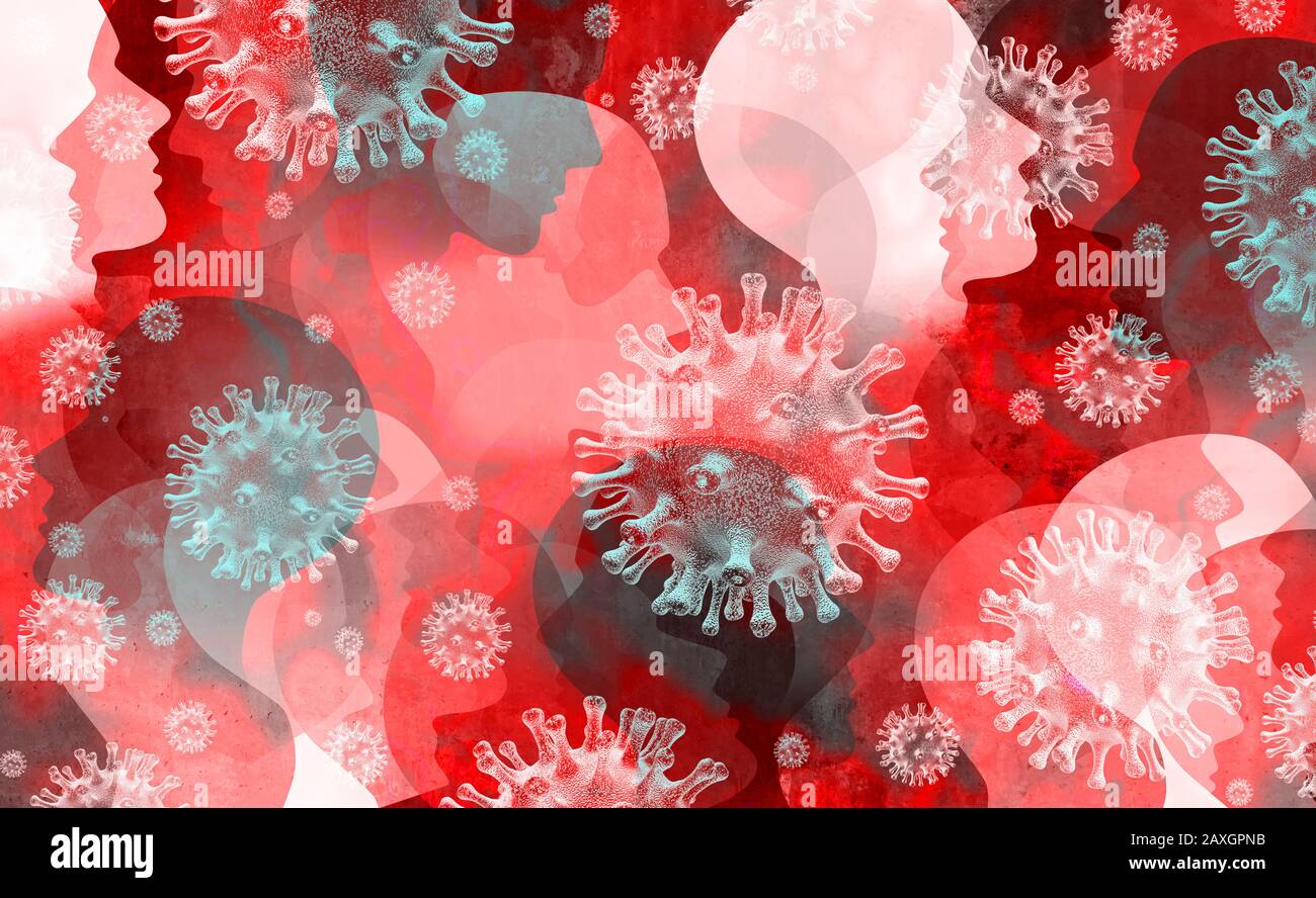 Disease outbreak and coronavirus infectious symptoms and coronaviruses influenza spread as dangerous flu strain cases as a pandemic medical health. Stock Photo