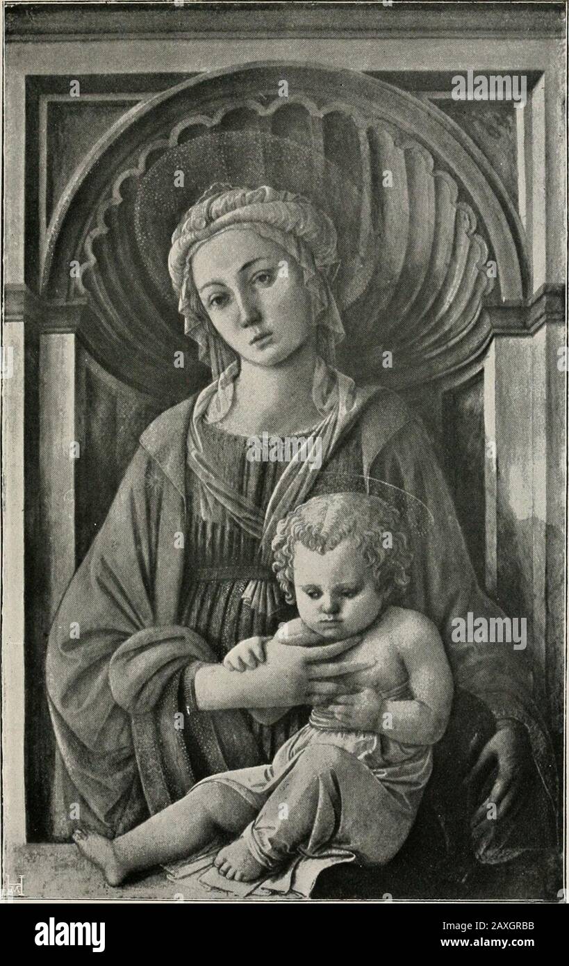 Fra Filippo Lippi . Hanfstangl fhoto.] 15  iatioital Gallery, London. THE VISION OF ST. BERNARD. OEF.AKTMENT OFUNIVERSITY EXTEXSION.. JIaiifsUuigl//loio.]  Berlin Gallery. THE MADONNA AND CHILD, 37 SECOND FLORENTINE PERIOD ji and pleasing. Time and unskilful restorations havegreatly damaged this picture, but the colouring,technique, and characteristic arrangement of thedraperies leave no doubt as to its authorship. It isprobably to this work that Vasari alludes when hestates that in the hall of the Council of Eight, inFlorence, is a picture of the Virgin with the Childin her arms, painted i Stock Photo