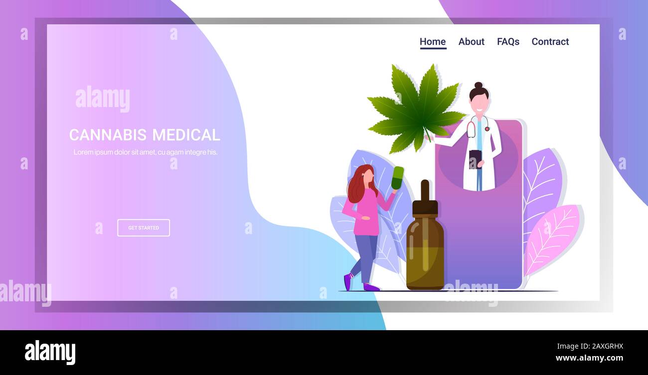 doctor in smartphone screen offering to patient cbd hemp oil extracted from marijuana plant medical cannabis online consultation concept horizontal copy space full length vector illustration Stock Vector