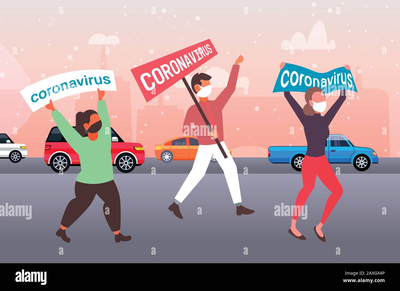 Epidemic Mers Cov People In Protective Masks Holding Banner Stop