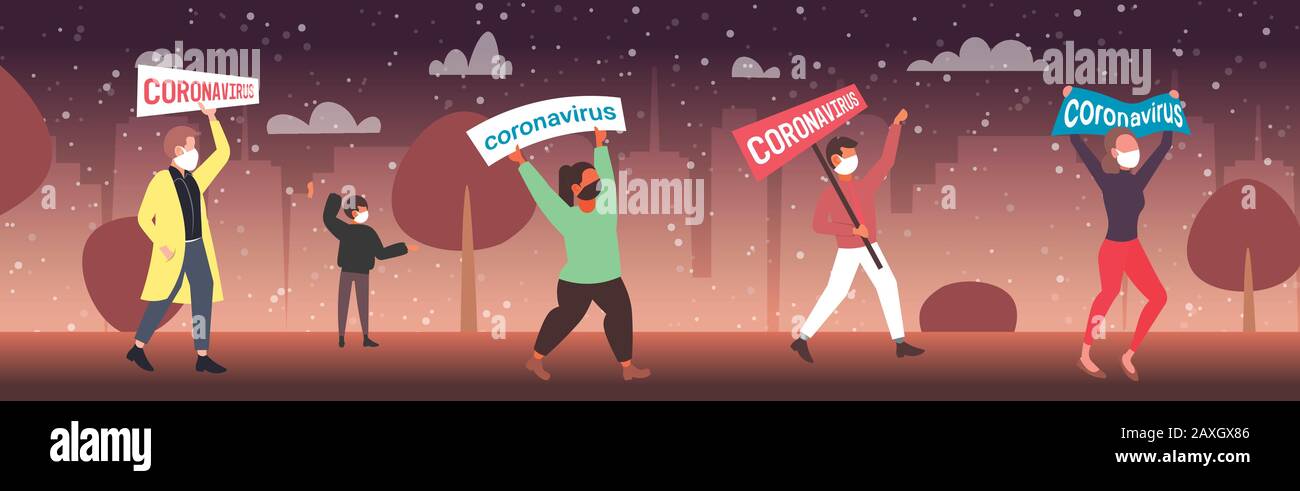 epidemic MERS-CoV people in protective masks holding banner stop ...