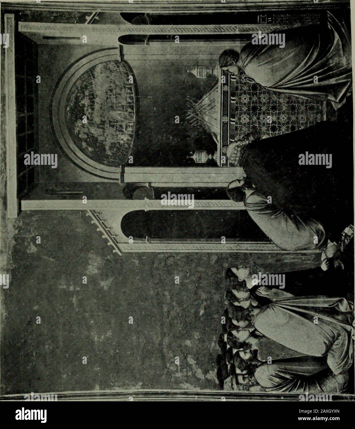 Giotto . tuntinged with suspicion, appears in the features of thepriest behind the altar, described by a high authority asone of the most admirable of Giottos studies in expres-sion. One rod has been already laid upon the altar;both priests have a hand upon it, while both fix theireyes upon the suitor who next comes forward; the greatestneed for oversight is felt. Giotto makes little attemptto individualise the suitors : the faces of six only can beseen, but the presence of a greater number is conveyed,after the Byzantine manner, by a block of heads behindin rough perspective. Joseph contrasts Stock Photo