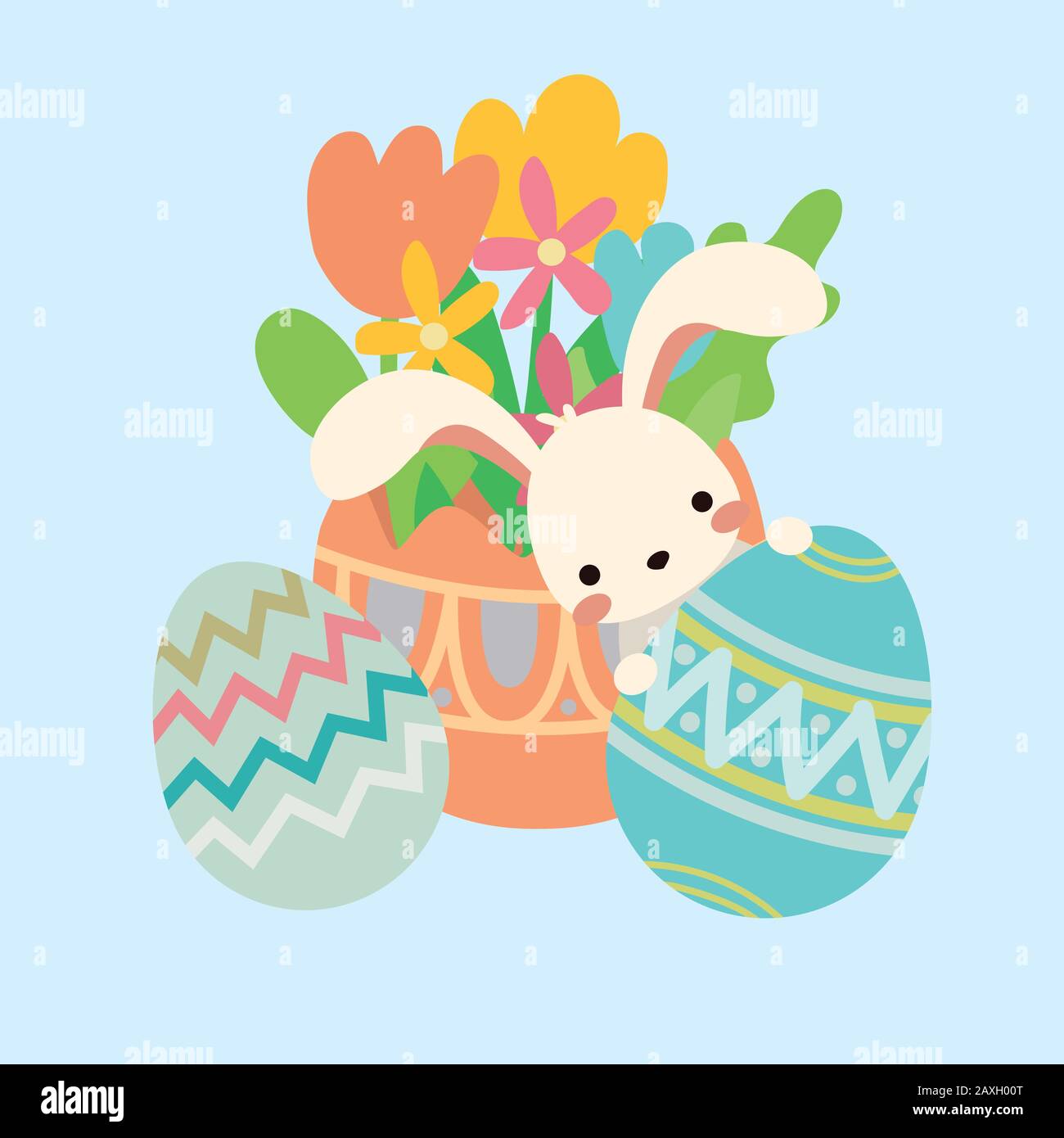 Vector easter bunny, rabbit peek out eggs, flowers Stock Vector