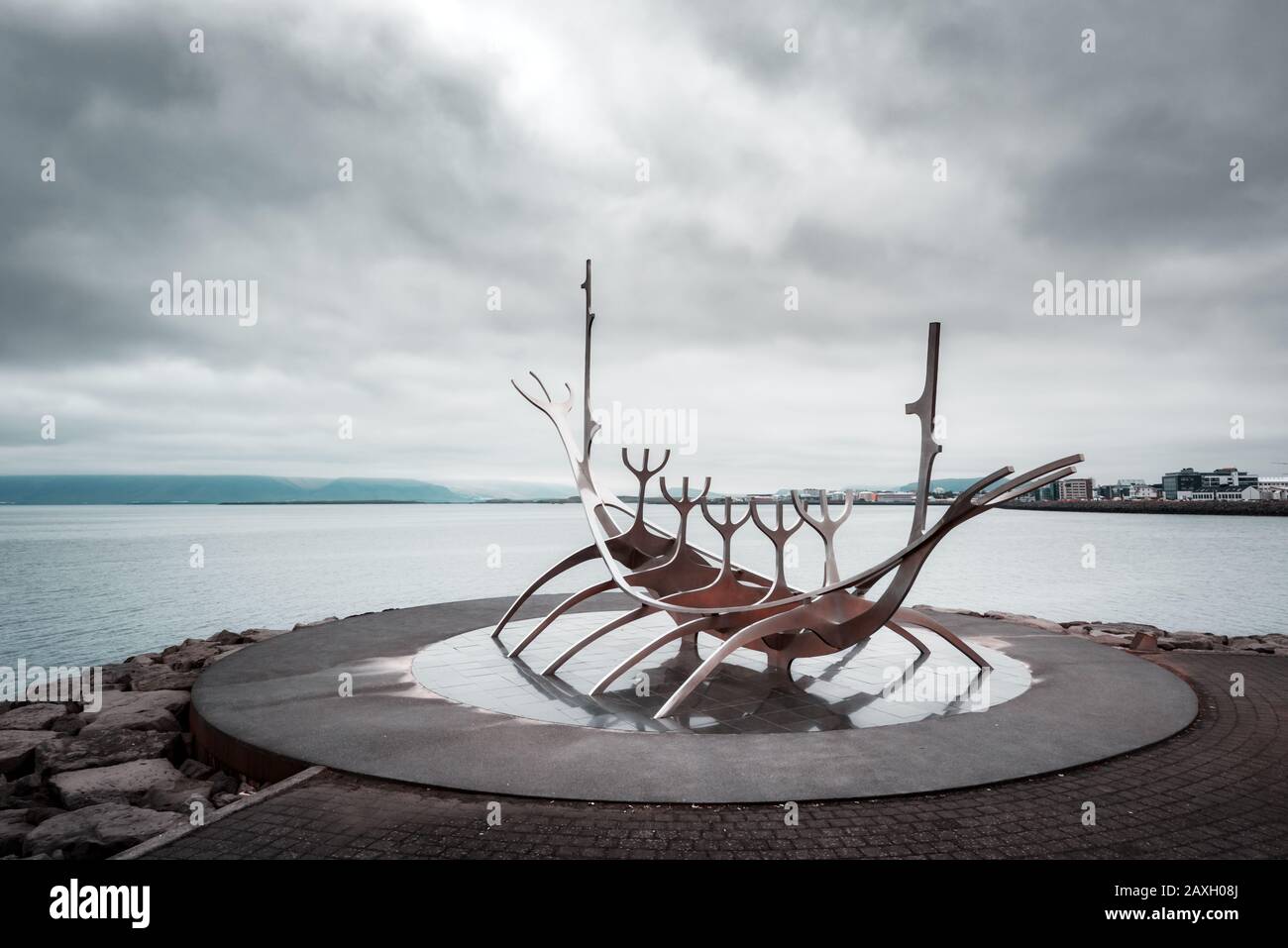 Cityscape with famous solfar ship sculpture in Reykjavik, Iceland Stock Photo