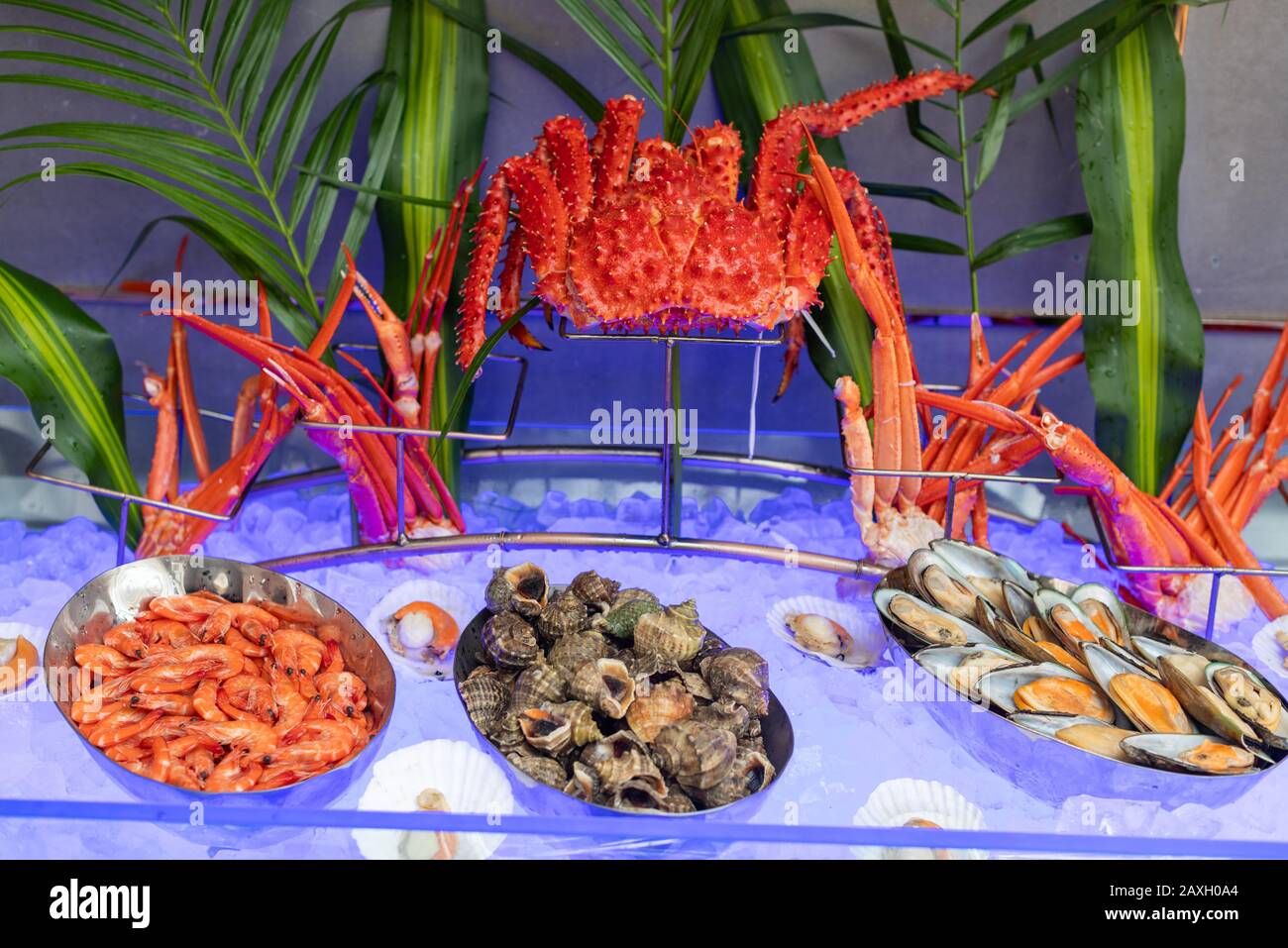 Dinner buffet with variety of Seafood in a luxury hotel. Stock Photo