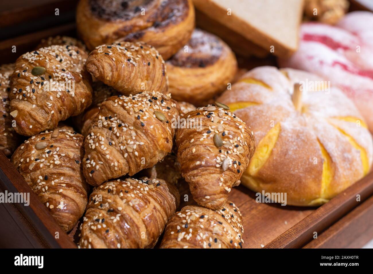 Delicious tasty French croissant breakfast in hotel. Stock Photo