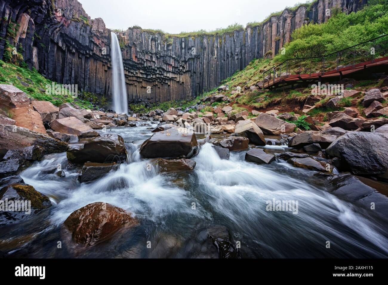 Gorgeous landscape with famous Svartifoss waterfall, another named Black fall. Skaftafell, Vatnajokull National Park, Iceland Stock Photo