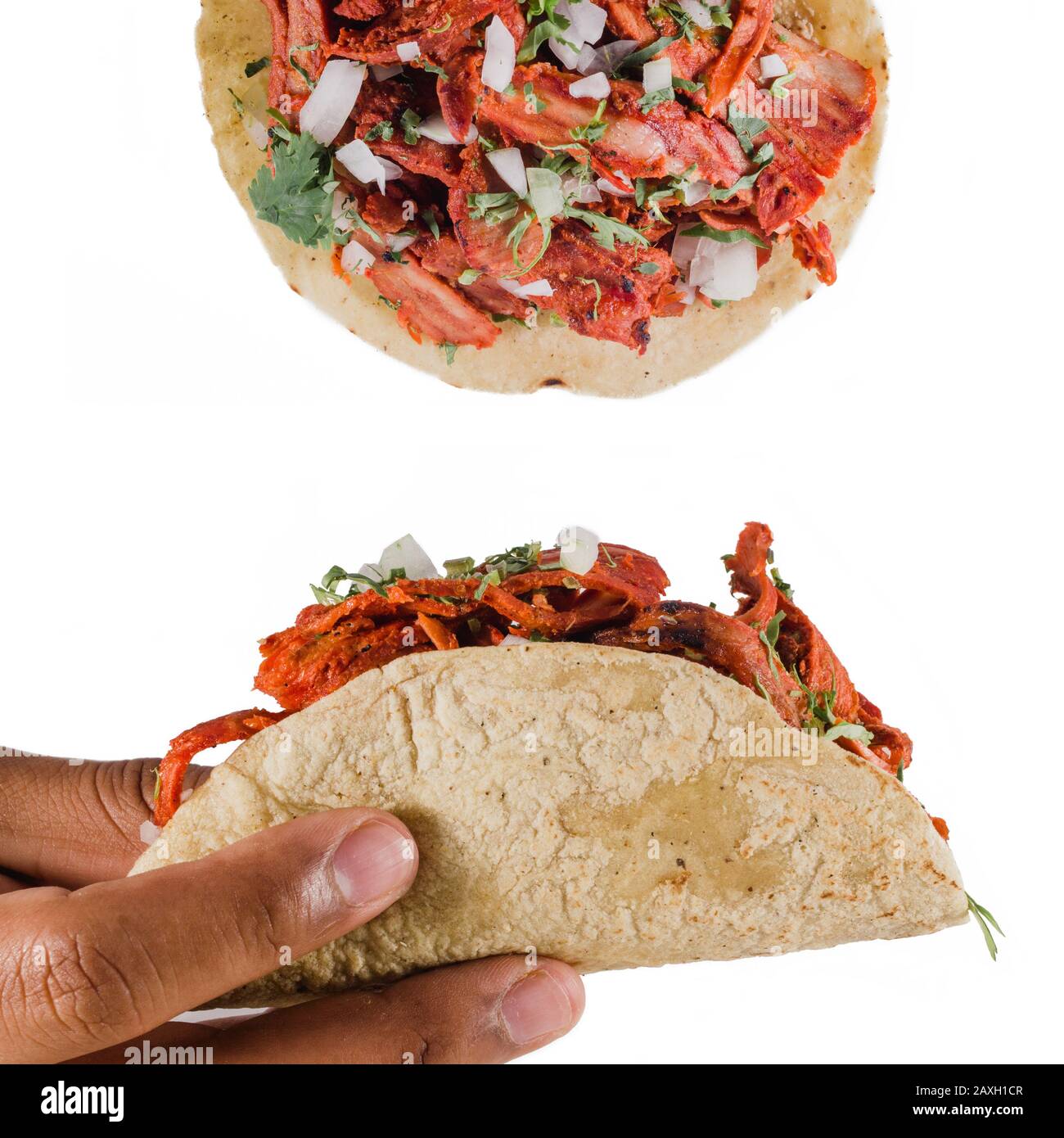 Tacos al pastor design composition on a white background, with a person squeezing lime on it. Authentic mexican tacos with marinated meat, onion Stock Photo