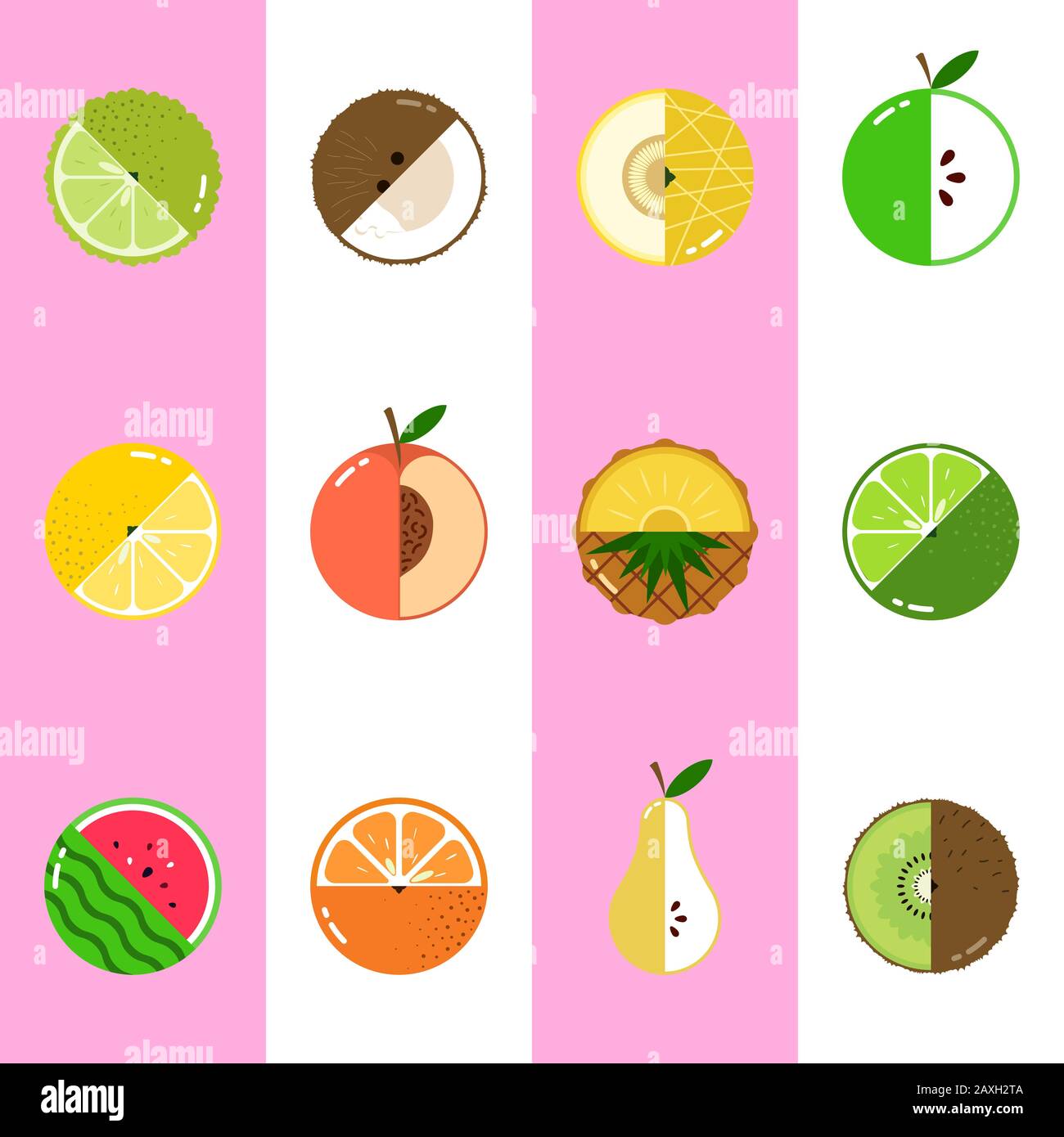 Fruits diversely oriented seamless vector pattern on pink and white vertical stripes background Stock Vector