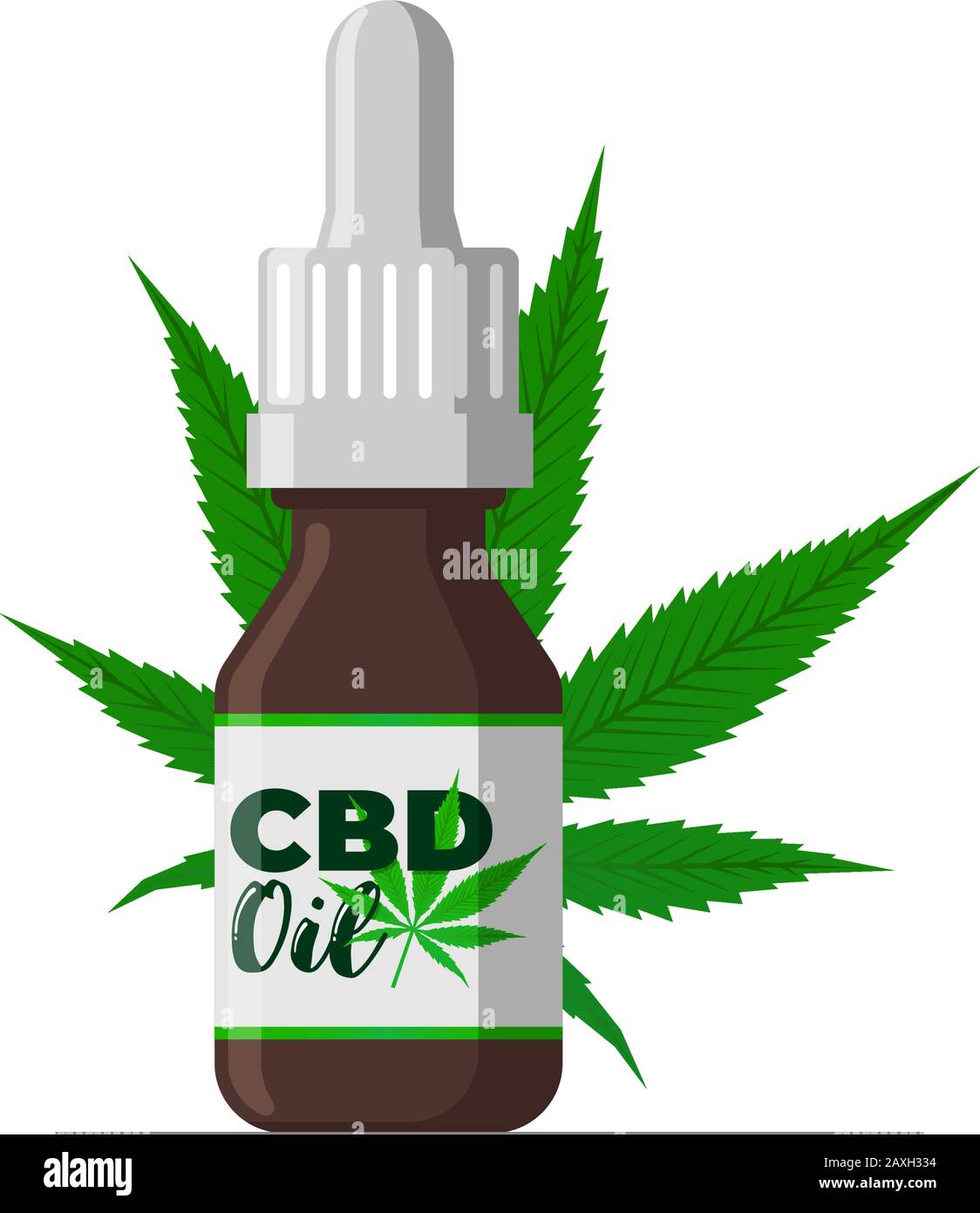 CBD hemp oil of medical cannabis extract in brown glass bottle. Marijuana leaf icon product jar label design template. Isolated flat vector illustration Stock Vector