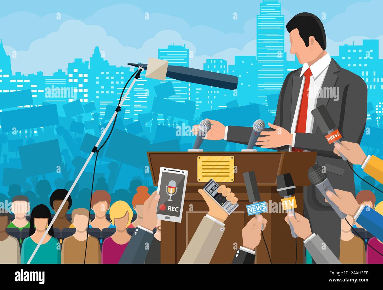 Press conference concept, news, media, journalism. Stock Vector