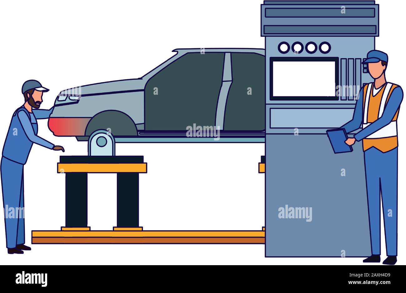 car mechanics supervising a lifted car and scanner machine Stock Vector