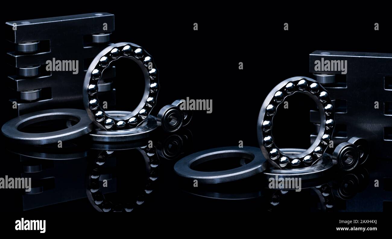 Stainless steel thrust ball bearing and linear bearing. Set of thrust ball bearing and shiny