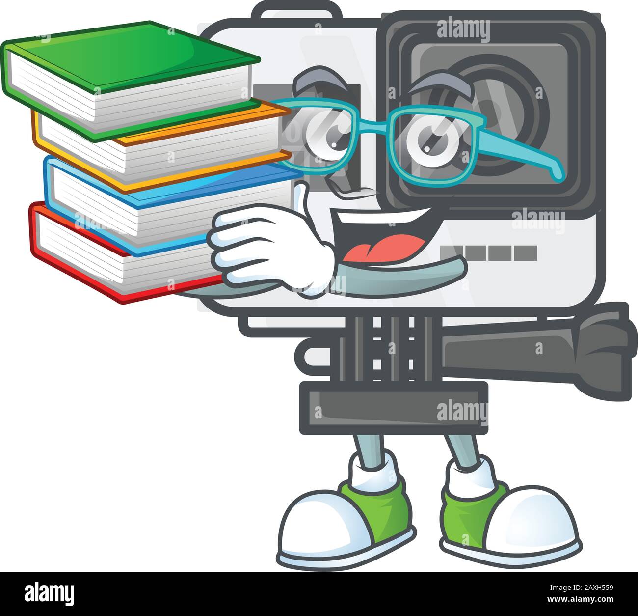 A brainy clever cartoon character of action camera studying with some books Stock Vector
