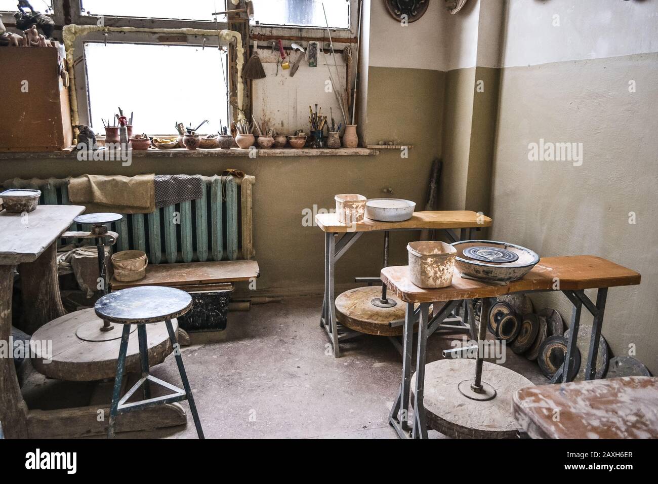 Interior pottery inside. Workplace of a potter. Working circles and