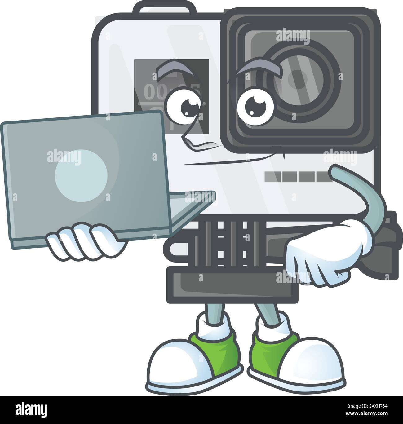A smart action camera mascot icon working with laptop Stock Vector