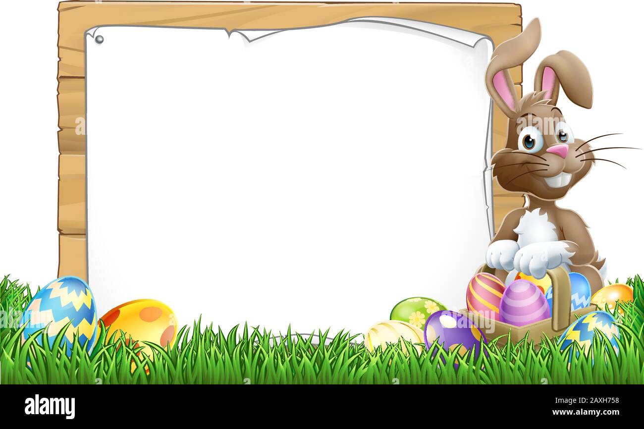 Easter Bunny Sign Eggs Basket Background Cartoon Stock Vector