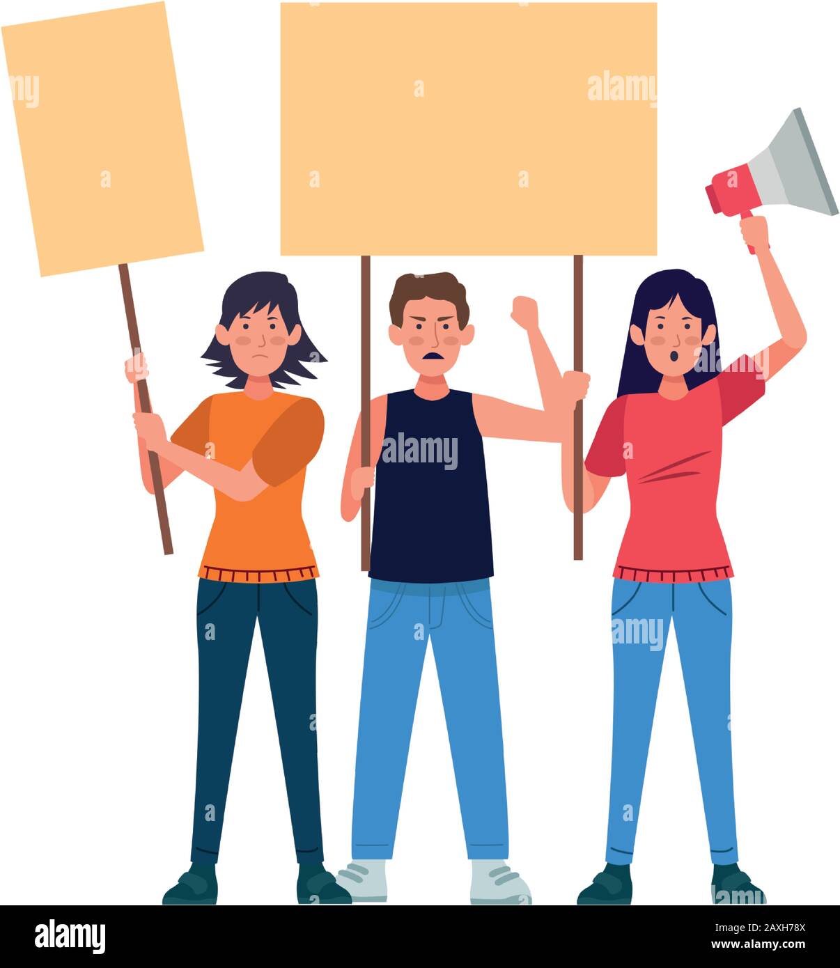 cartoon young people protestating with blank signs and megaphone ...